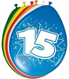 Folat Ballonnen 15 jaar - 16x stuks - gekleurd - 30 cm - versiering - 15e verjaardag - feestballonnen Multi