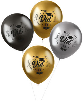 Folat Ballonnen geslaagd thema - 4x - goud/zilver/grijs - latex - 33 cm - diploma examenfeest versiering
