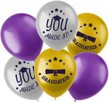 Folat Ballonnen geslaagd thema - 6x - goud/zilver/paars - latex - 33 cm - diploma examenfeest versiering