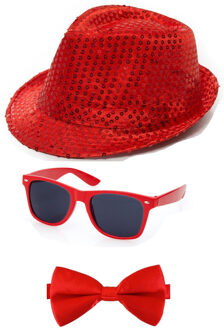 Folat Carnaval verkleed set glitter hoed bril en strikje rood