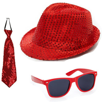 Folat Carnaval verkleed set glitter hoed bril en stropdas rood