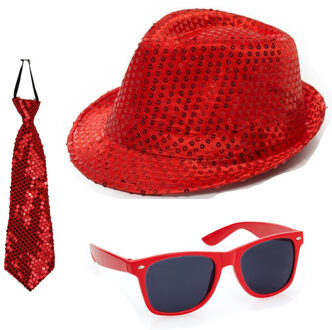 Folat Carnaval verkleed set glitter hoed bril en stropdas rood