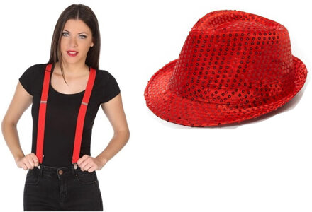 Folat Carnaval verkleed set glitter hoed en bretels rood