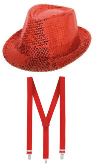 Folat Carnaval verkleed set glitter hoed en bretels rood
