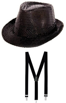 Folat Carnaval verkleed set glitter hoed en bretels zwart