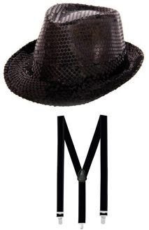 Folat Carnaval verkleed set glitter hoed en bretels zwart