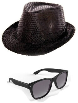 Folat Carnaval verkleed set glitter hoed en party bril zwart