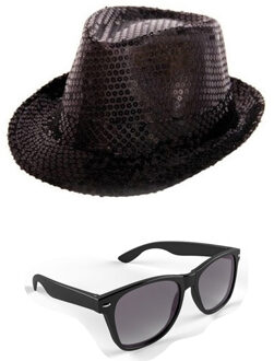 Folat Carnaval verkleed set glitter hoed en party bril zwart