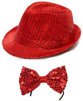Folat Carnaval verkleed set glitter hoed en strikje rood