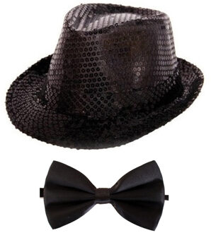 Folat Carnaval verkleed set glitter hoed en strikje zwart