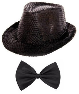 Folat Carnaval verkleed set glitter hoed en strikje zwart