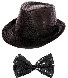 Folat Carnaval verkleed set glitter hoed en strikje zwart