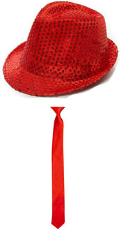 Folat Carnaval verkleed set glitter hoed en stropdas rood