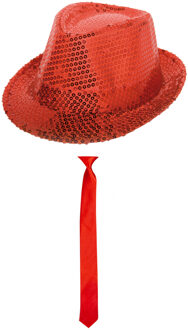 Folat Carnaval verkleed set glitter hoed en stropdas rood