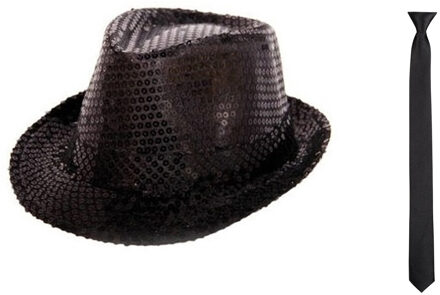 Folat Carnaval verkleed set glitter hoed en stropdas zwart