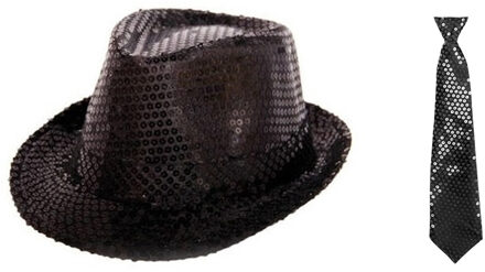 Folat Carnaval verkleed set glitter hoed en stropdas zwart