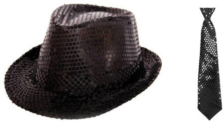 Folat Carnaval verkleed set glitter hoed en stropdas zwart