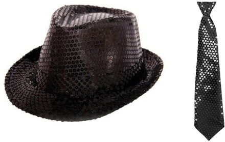Folat Carnaval verkleed set glitter hoed en stropdas zwart