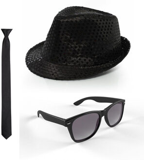 Folat Carnaval verkleed set glitter hoed/stropdas/party bril zwart