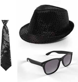 Folat Carnaval verkleed set glitter hoed/stropdas/party bril zwart