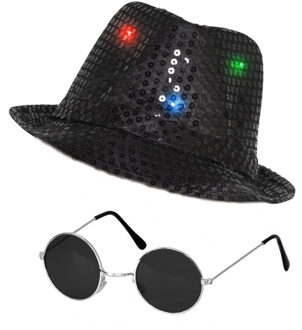 Folat Carnaval verkleed set glitter LED lampjes hoed en party bril zwart