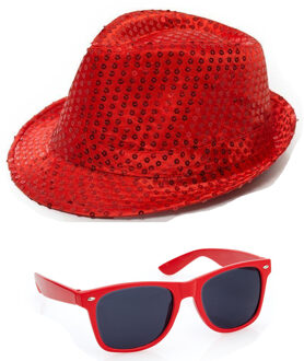 Folat Carnaval verkleed set hoed en bril rood glitters