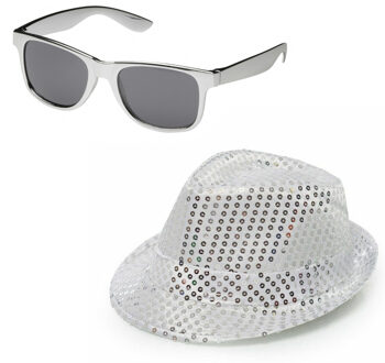 Folat Carnaval verkleed set hoed en bril zilver glitters