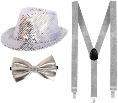 Folat Carnaval verkleed set - hoed met strikje en bretels - zilver - glitters - Disco Carnavalaccessoires