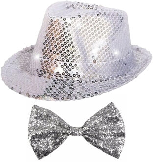 Folat Carnaval verkleed set hoed met strikje zilver glitters