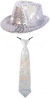 Folat Carnaval verkleed set hoed met stropdas zilver glitters