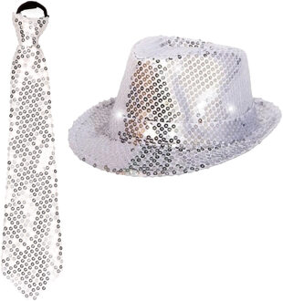 Folat Carnaval verkleed set hoed met stropdas zilver glitters