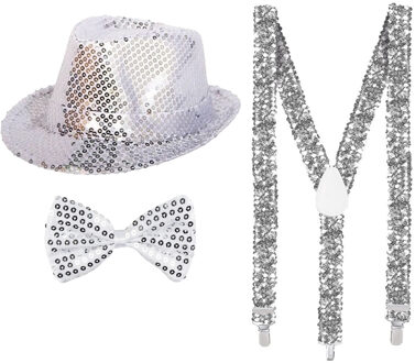 Folat Carnaval verkleed set hoed-strikje-bretels zilver glitters