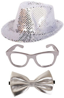Folat Carnaval verkleed set hoed-strikje-bril zilver glitters