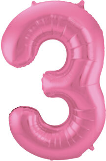 Folat Folie ballon van cijfer 3 in het roze 86 cm
