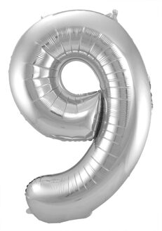 Folat Folie ballon van cijfer 9 in het zilver 86 cm - Ballonnen Zilverkleurig