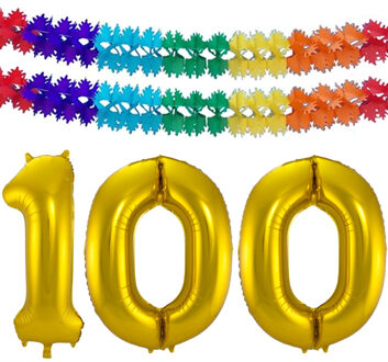 Folat Folie ballonnen - Leeftijd cijfer 100 - goud - 86 cm - en 2x feestslingers - verjaardag versiering