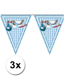 Folat geboorte baby vlaggetjes - 3x - jongen - blauw - 10 meter - vlaggenlijnen - versiering