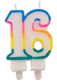 Folat Glitter cijferkaars 16 jaar - verjaardag kaars - taart kaars - 9 x 15 cm