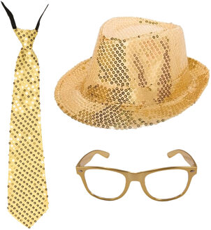 Folat Gouden verkleed set - glitter hoedje - stropdas en feestbril - volwassenen