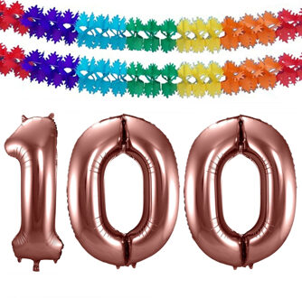 Folat Grote folie ballonnen cijfer 100 in het brons 86 cm en 2 feestslingers