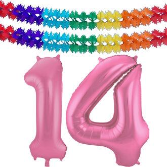 Folat Grote folie ballonnen cijfer 14 in het glimmend roze 86 cm en 2x feestslingers