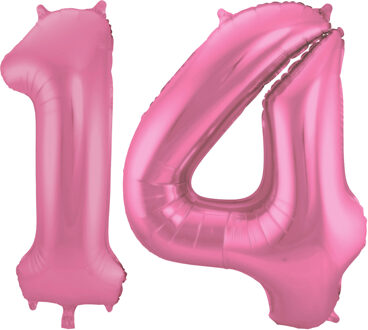 Folat Grote folie ballonnen cijfer 14 in het glimmend roze 86 cm