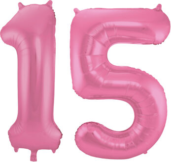 Folat Grote folie ballonnen cijfer 15 in het glimmend roze 86 cm