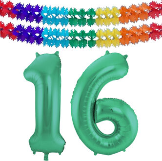 Folat Grote folie ballonnen cijfer 16 in het glimmend groen 86 cm en 2x feestslingers