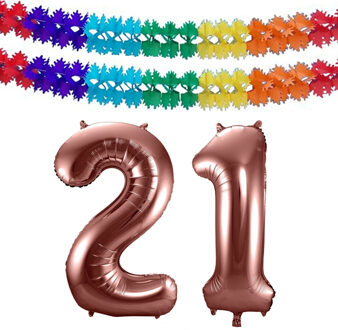 Folat Grote folie ballonnen cijfer 21 in het brons 86 cm en 2 feestslingers