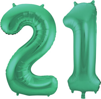Folat Grote folie ballonnen cijfer 21 in het glimmend groen 86 cm