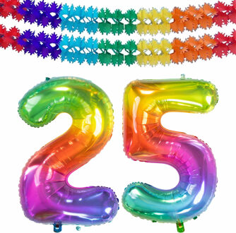 Folat Grote folie ballonnen cijfer 25 in het glimmend multi-kleuren 86 cm en 2x feestslingers