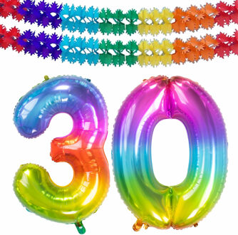 Folat Grote folie ballonnen cijfer 30 in het glimmend multi-kleuren 86 cm en 2x feestslingers