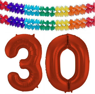 Folat Grote folie ballonnen cijfer 30 in het rood 86 cm en 2 feestslingers