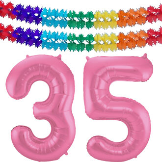 Folat Grote folie ballonnen cijfer 35 in het glimmend roze 86 cm en 2x feestslingers